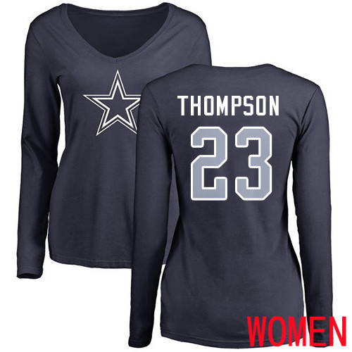 Women Dallas Cowboys Navy Blue Darian Thompson Name and Number Logo Slim Fit #23 Long Sleeve Nike NFL T Shirt
